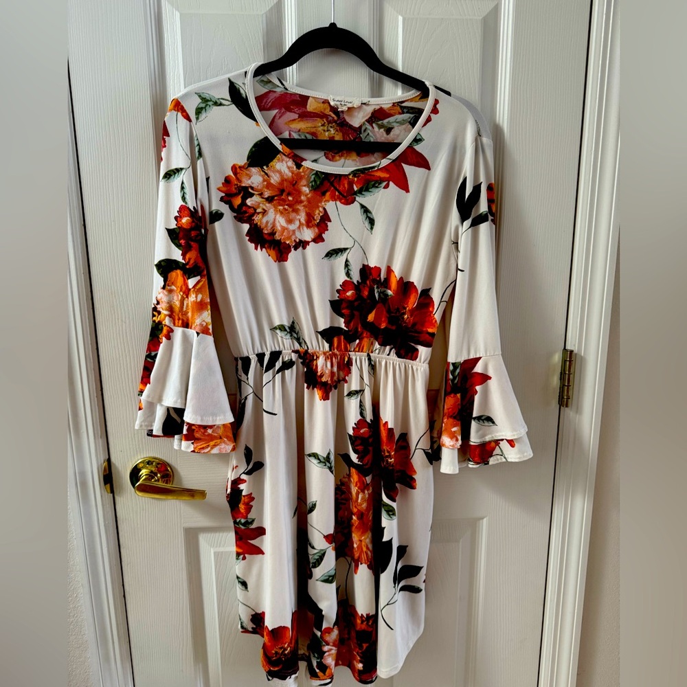 Rust and Orange Floral Dress with 3/4 Bell Sleeves